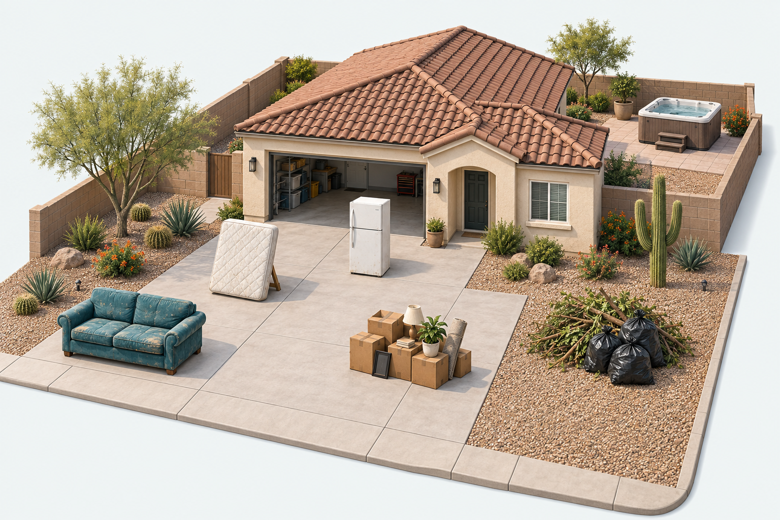 Illustrated Phoenix home with a sofa, mattress, refrigerator, household clutter, yard debris and a hot tub to select for removal.