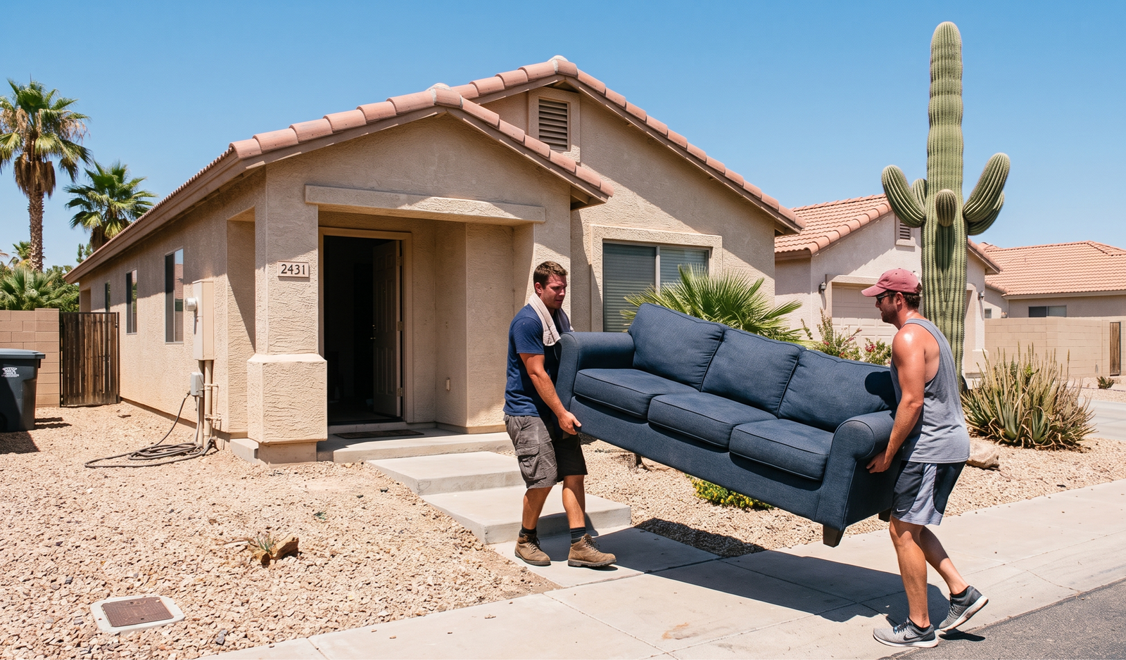 Two HaulOtter junk removal crew members carrying a blue sofa out of a Phoenix Arizona home with a saguaro cactus and palm trees in the yard