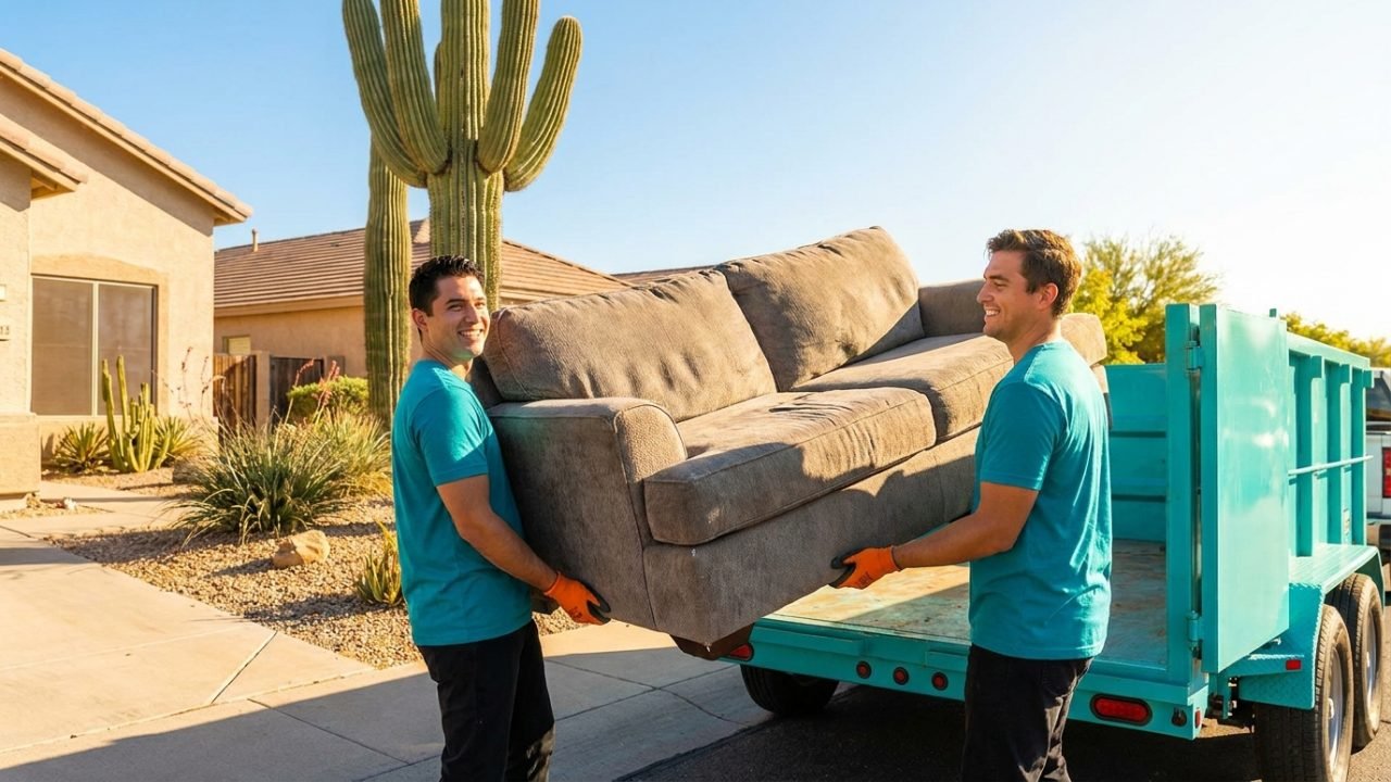 HaulOtter crew loading an old sofa into a teal trailer for cheap junk removal near Phoenix