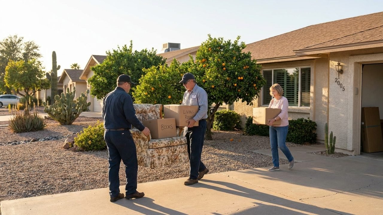 Cleanout crew respectfully carrying boxes and an armchair from a Sun City AZ home during an estate cleanout