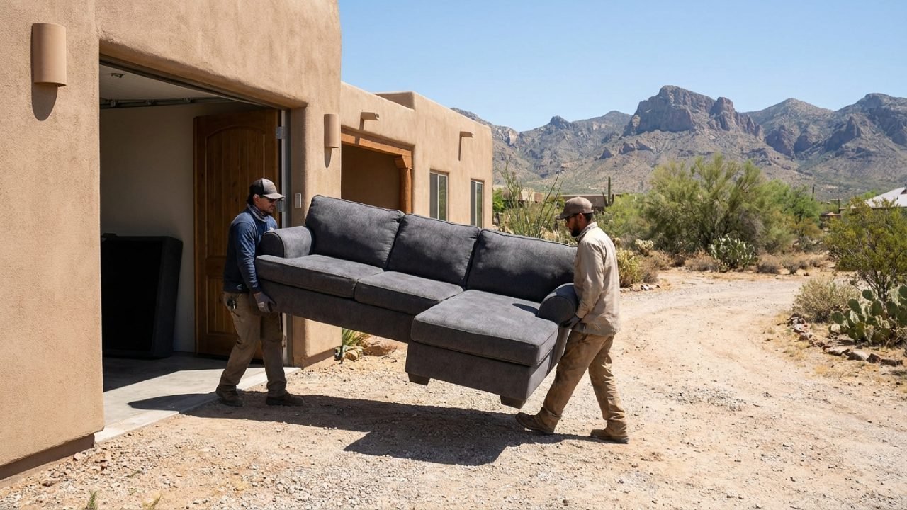 Two HaulOtter movers carrying a sectional sofa out of a San Tan Valley home for furniture removal