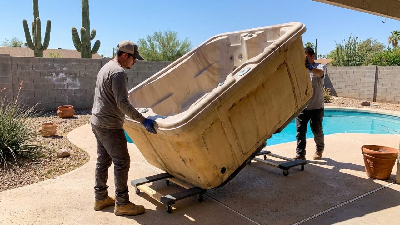 HaulOtter crew removing an old acrylic hot tub from a Phoenix backyard patio