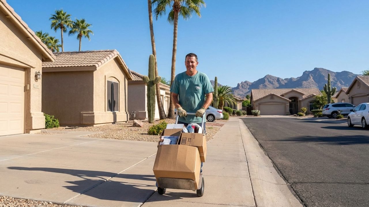 HaulOtter worker wheeling boxes from a Peoria AZ home during a junk removal pickup