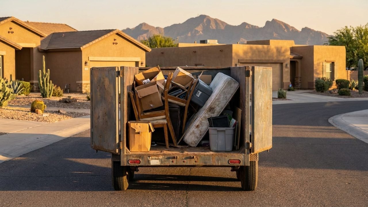 Half-full HaulOtter trailer illustrating load-size junk removal pricing in Phoenix