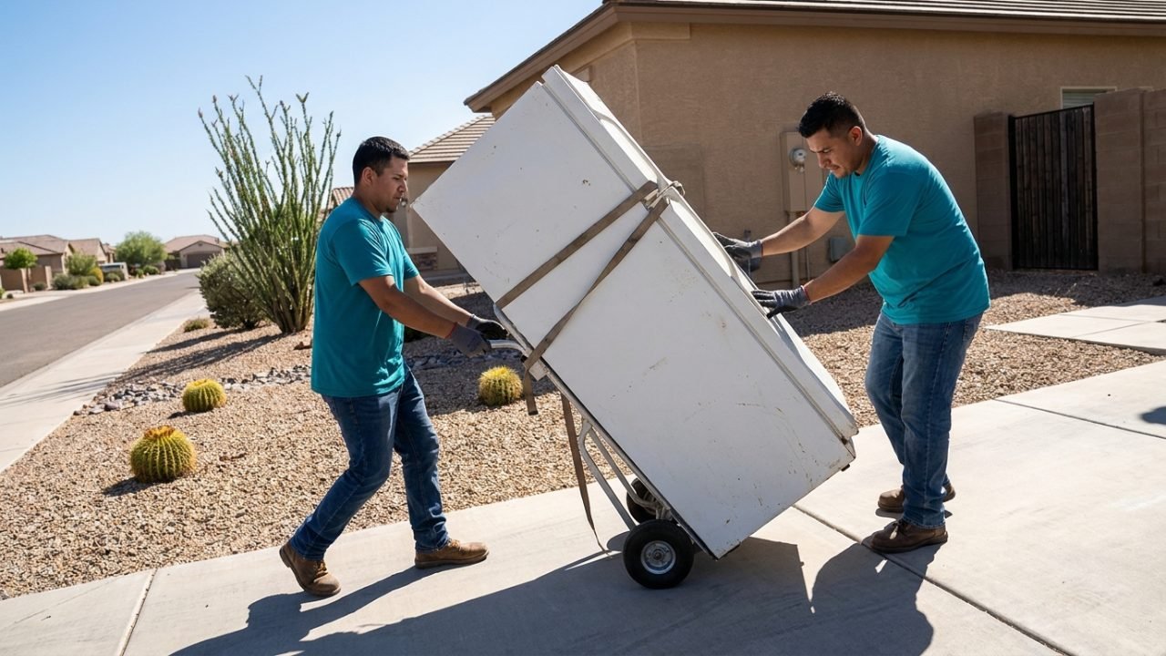 Movers carrying an old refrigerator out of a garage during junk removal in Surprise AZ