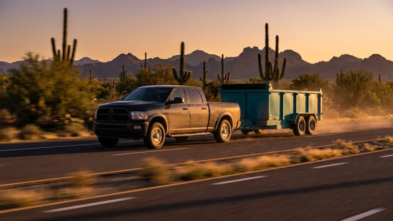 HaulOtter truck and trailer heading to a same-day junk removal job in Phoenix at golden hour