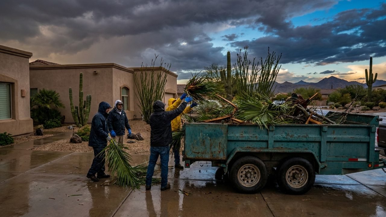Crew loading palm fronds and storm branches into a trailer after a monsoon storm in Mesa AZ