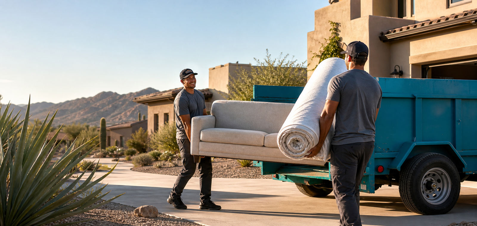 Phoenix junk removal crew hauling a sofa and mattress to a teal trailer