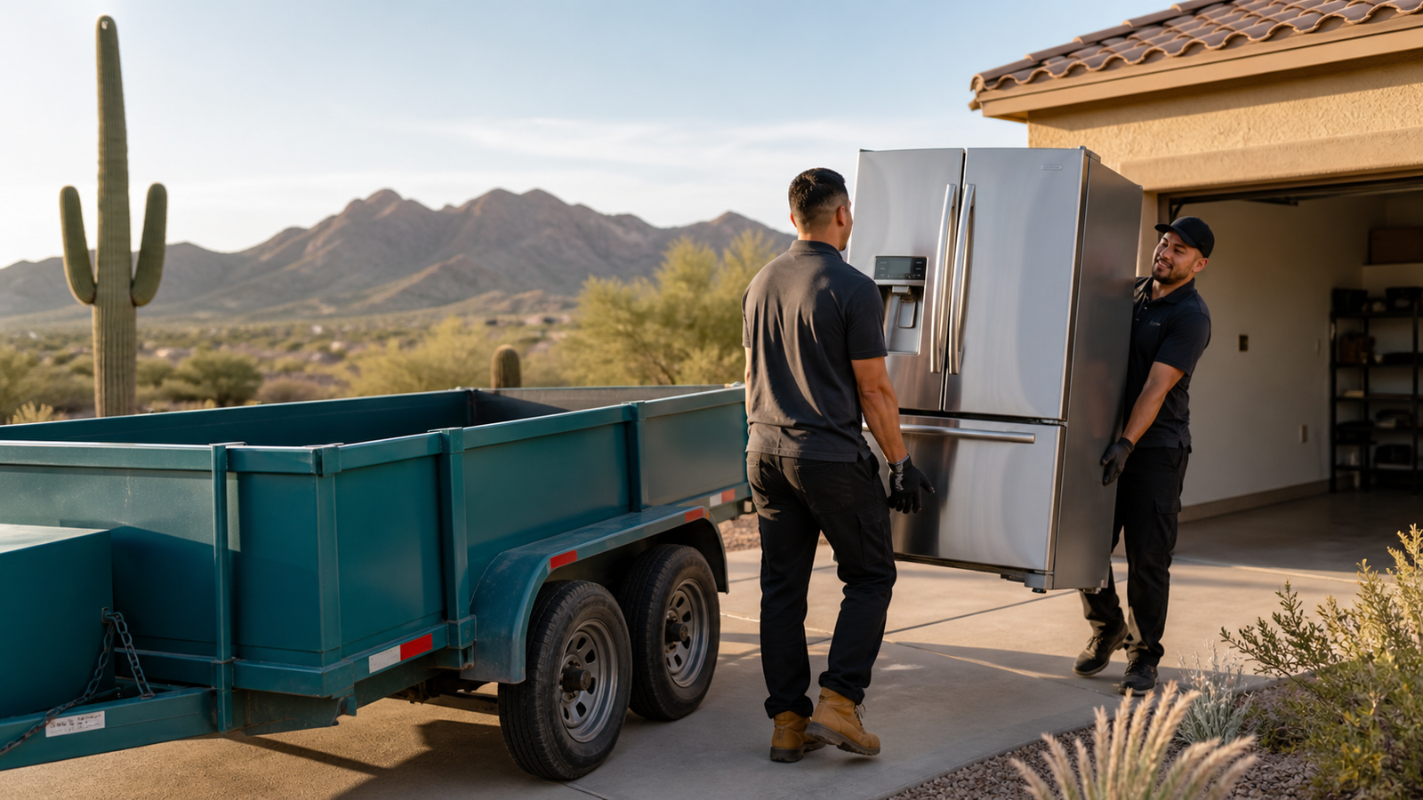 Two professional Phoenix appliance removal crew members carrying a refrigerator to a teal dump trailer